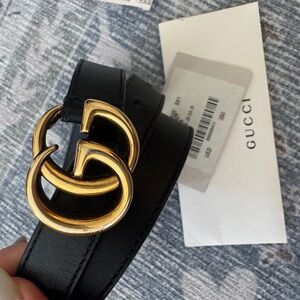 Gucci Black Leather Belt Gold Buckle